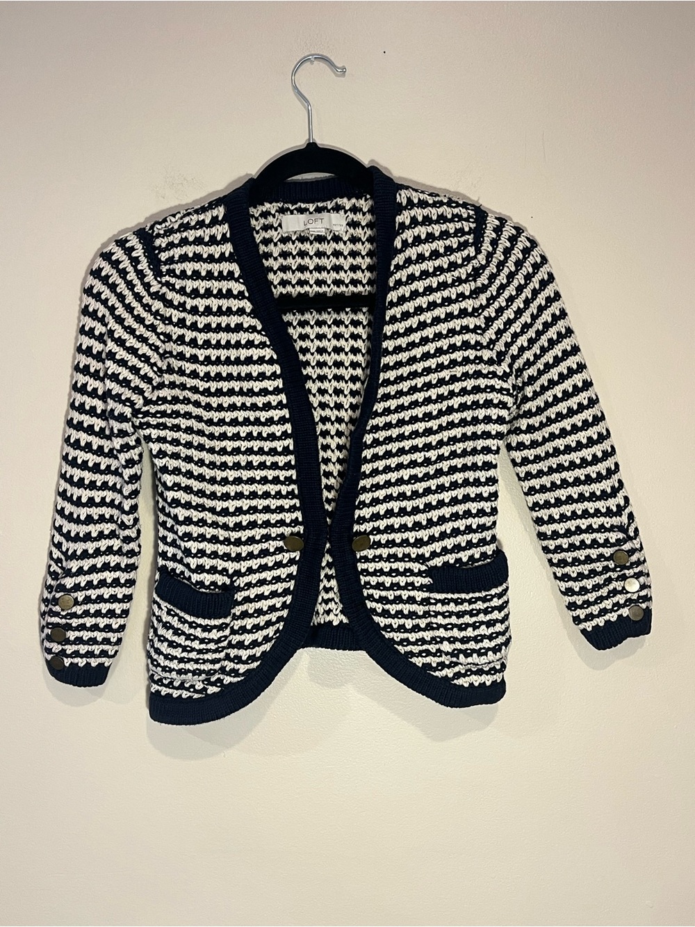 LOFT Crochet Knit Jacket Pockets Button Details Navy White Size MP